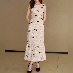 MOTF Ivory Sequin Midi Dress with Black Bow Accents Size Small (4)